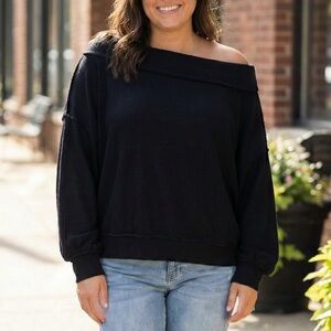 We The Free Black Ribbed Thermal Off Shoulder Slouchy Oversized Top Large Boho L